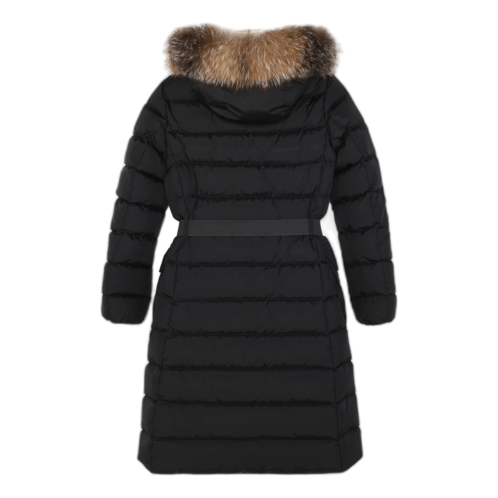 Moncler Khloe Belted Fur-Trim Hooded Long Coat – Black