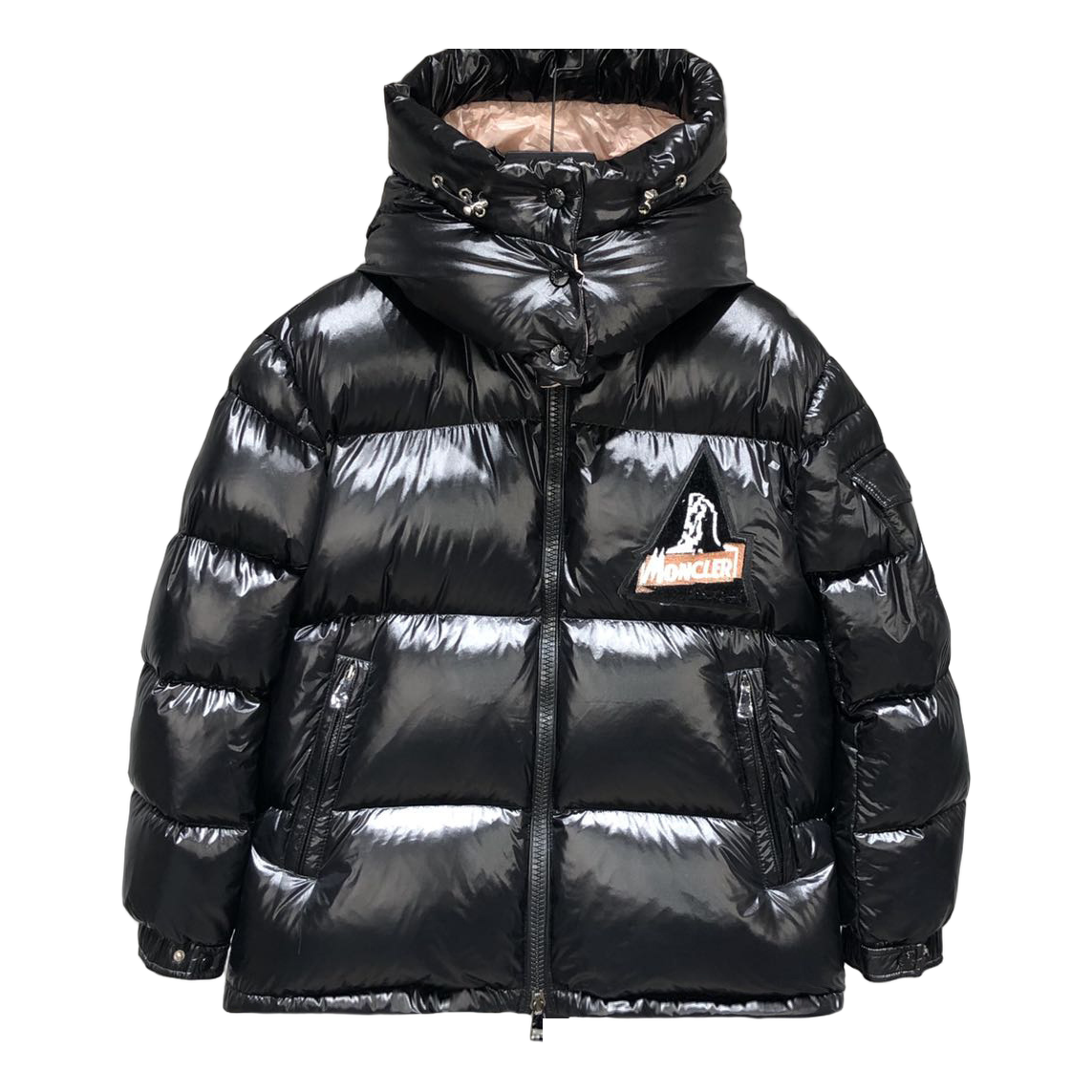 Moncler Mountain-Badge Glossy Short Puffer Jacket – Black